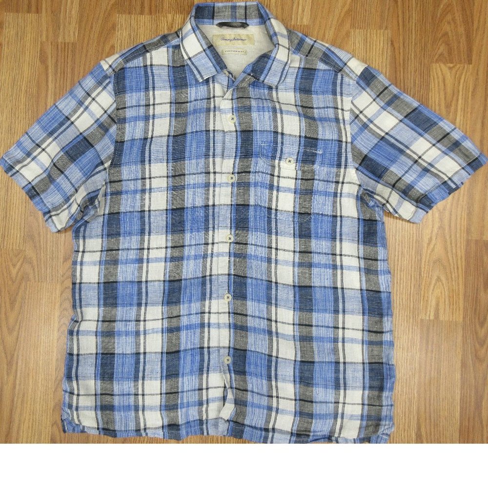 TOMMY BAHAMA ISLAND MODERN FIT 100% LINEN SHIRT BLACK, WHITE & BLUE MEDIUM, M